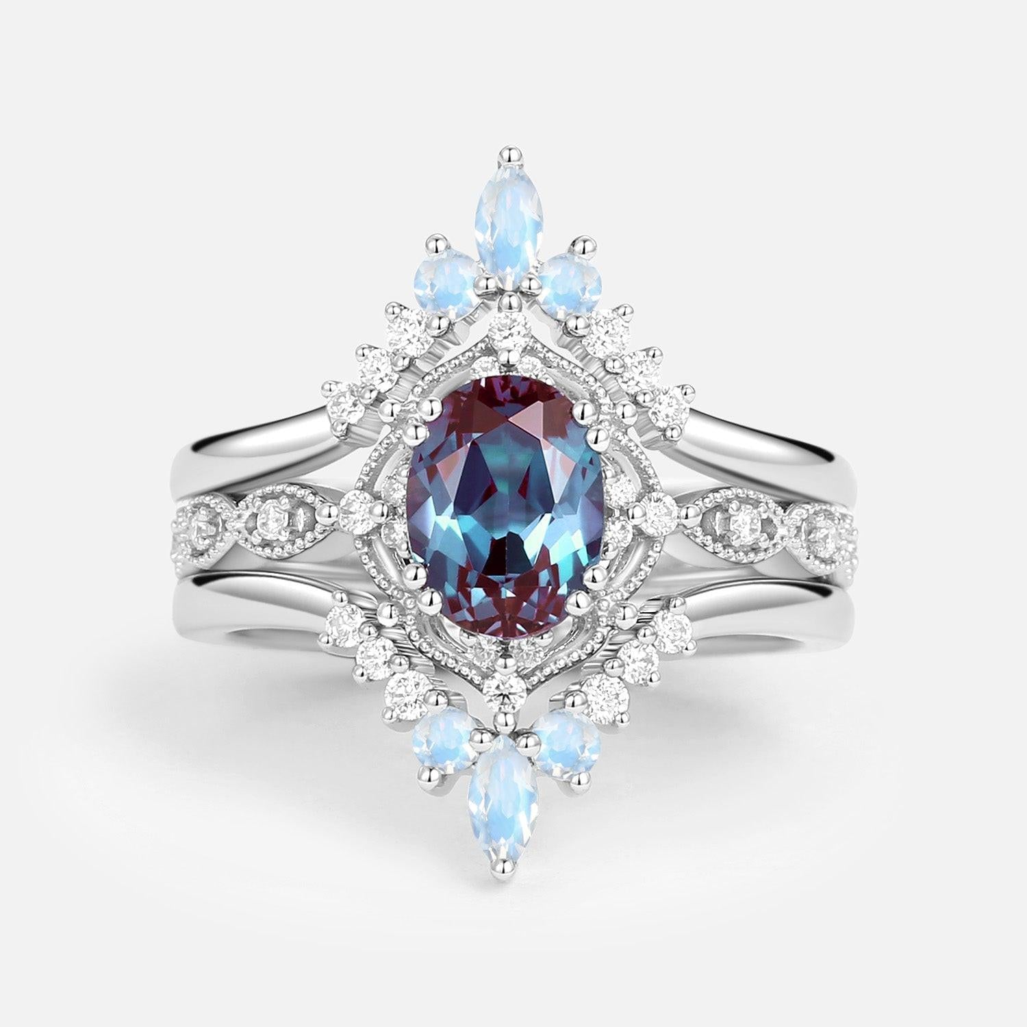 Luna’s Glow | Alexandrite & Moonstone Vintage Bridal Set 3pcs.