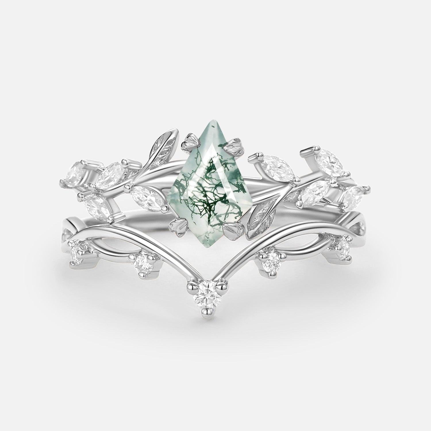 Nature Kite Cut Moss Agate Leafy Cluster Engagement Ring Sets 2pcs.