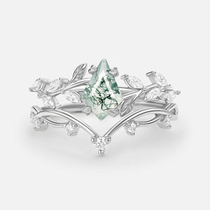 Nature Kite Cut Moss Agate Leafy Cluster Engagement Ring Sets 2pcs.