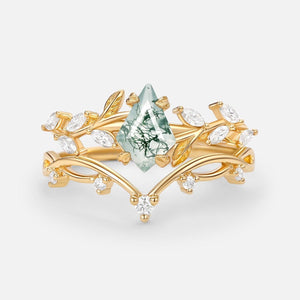 Nature Kite Cut Moss Agate Leafy Cluster Engagement Ring Sets 2pcs.