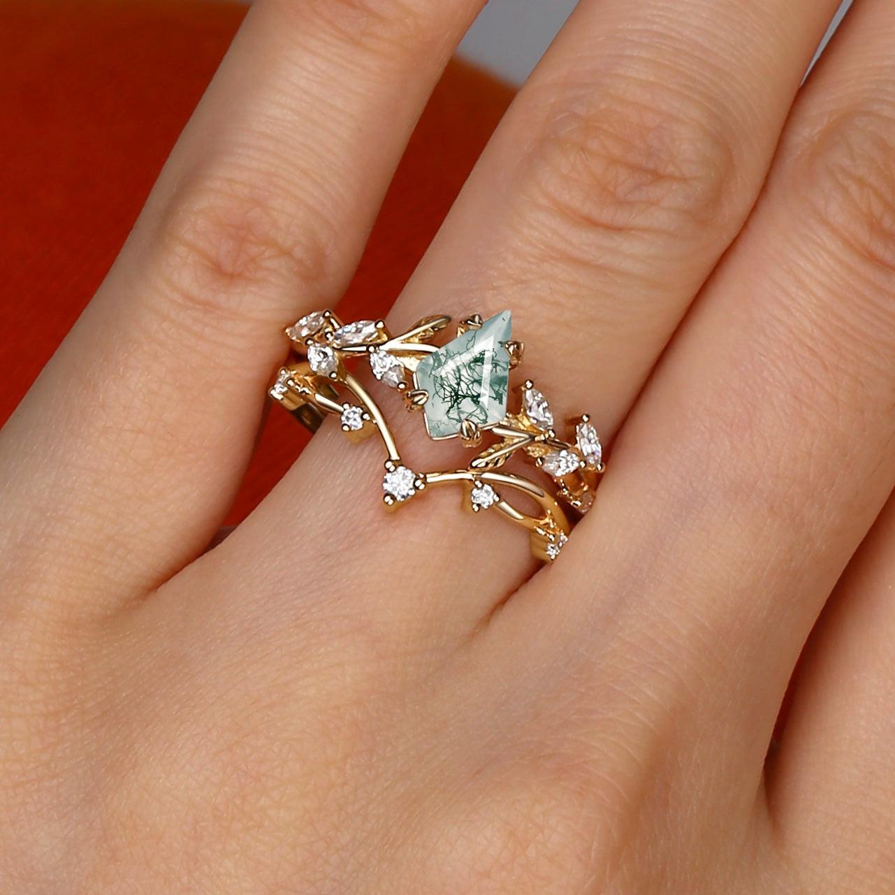 Nature Kite Cut Moss Agate Leafy Cluster Engagement Ring Sets 2pcs.
