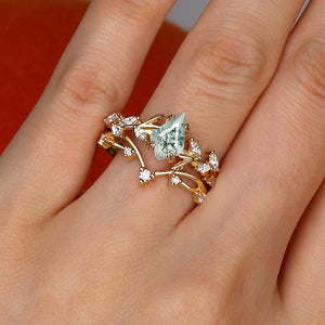Nature Kite Cut Moss Agate Leafy Cluster Engagement Ring Sets 2pcs.