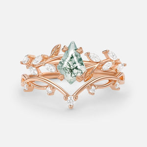 Nature Kite Cut Moss Agate Leafy Cluster Engagement Ring Sets 2pcs.