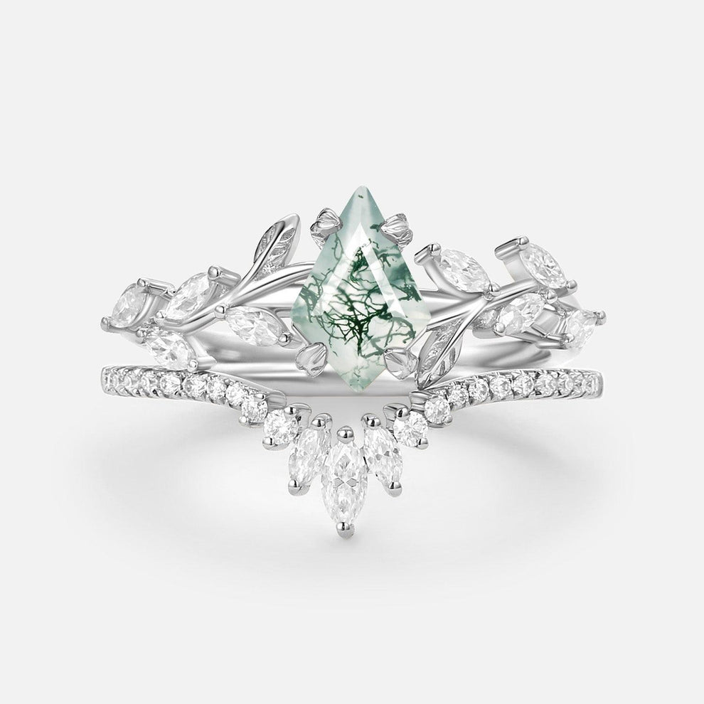 Dart Vintage Kite Cut Moss Agate Leafy Engagement Ring Sets 2pcs.