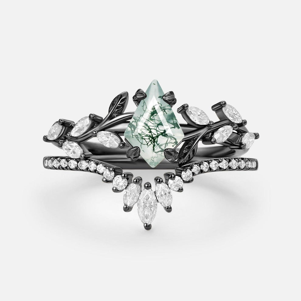 Dart Vintage Kite Cut Moss Agate Leafy Engagement Ring Sets 2pcs.
