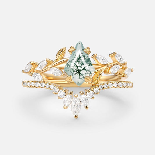 Dart Vintage Kite Cut Moss Agate Leafy Engagement Ring Sets 2pcs.