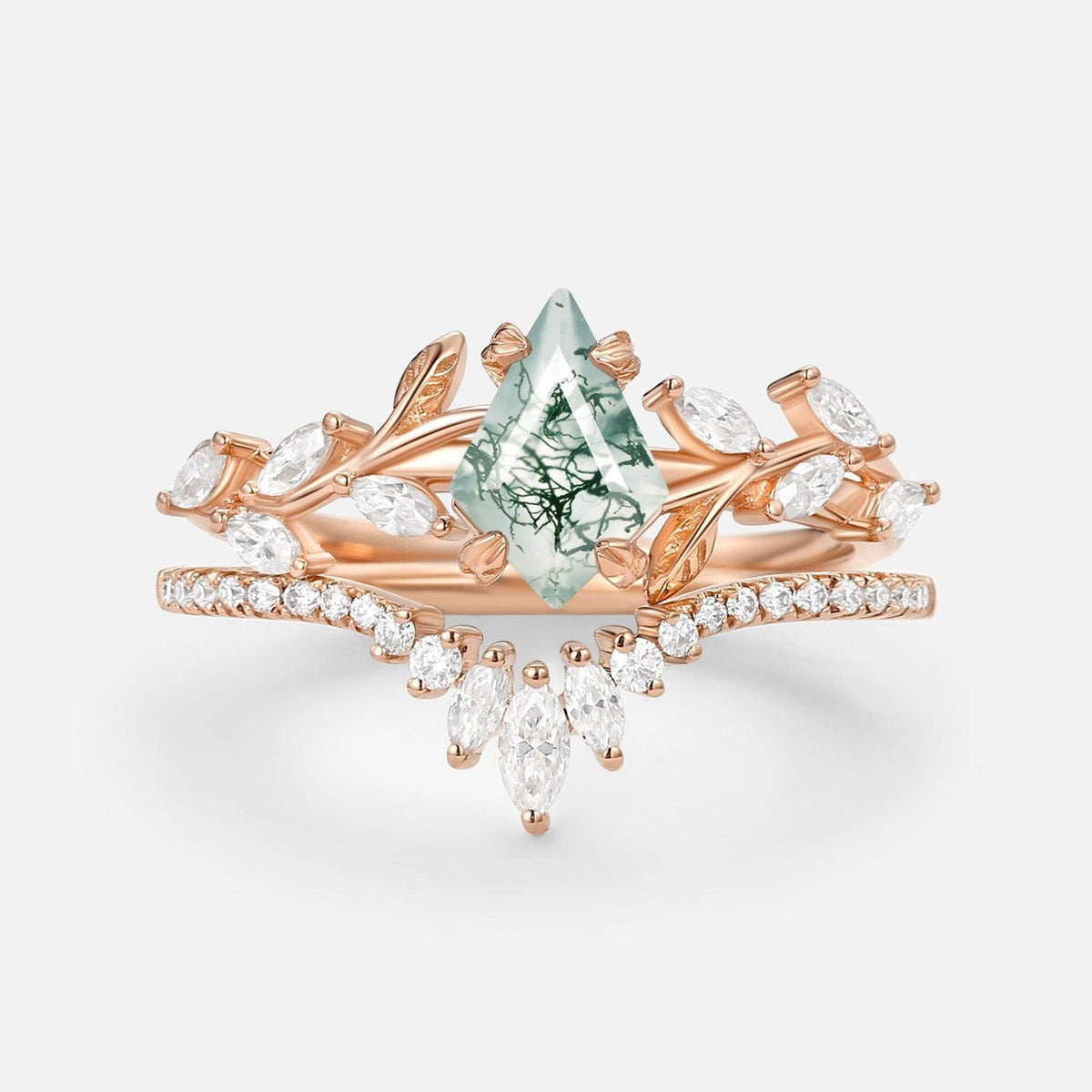 Dart Vintage Kite Cut Moss Agate Leafy Engagement Ring Sets 2pcs.