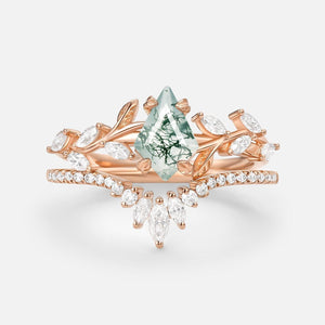 Dart Vintage Kite Cut Moss Agate Leafy Engagement Ring Sets 2pcs.