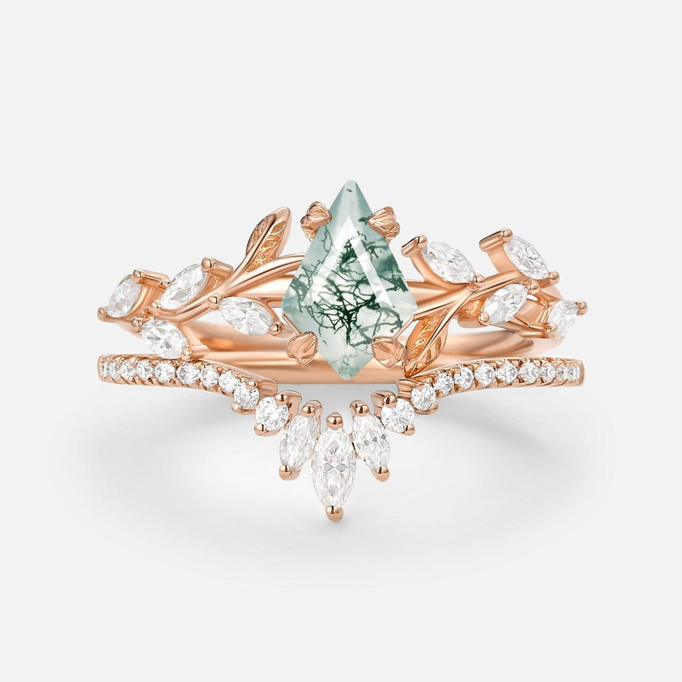 Dart Vintage Kite Cut Moss Agate Leafy Engagement Ring Sets 2pcs.