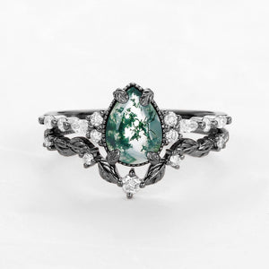 Black Gold Vintage Pear Shaped Moss Agate Leafy Ring Set 2pcs.