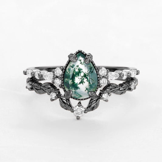 Black Gold Vintage Pear Shaped Moss Agate Leafy Ring Set 2pcs.