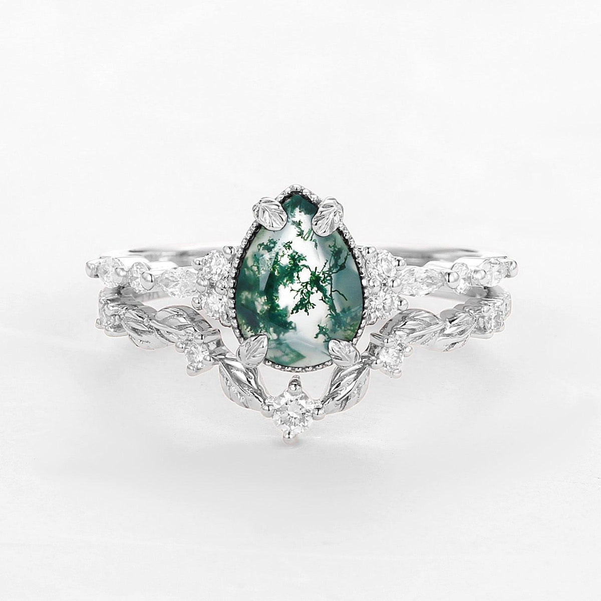 Hazel’s Grove | Vintage Pear Cut Moss Agate Leafy Ring Set 2pcs.