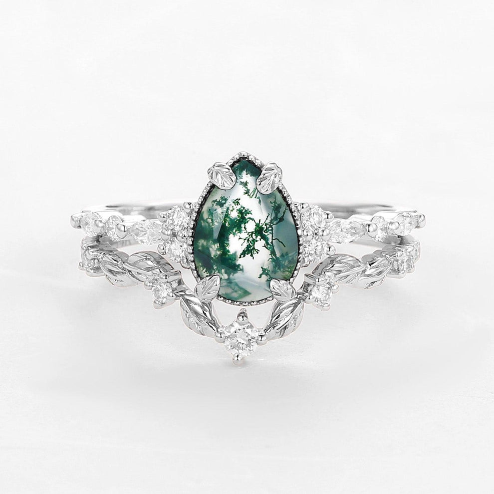 Hazel’s Grove | Vintage Pear Cut Moss Agate Leafy Ring Set 2pcs.
