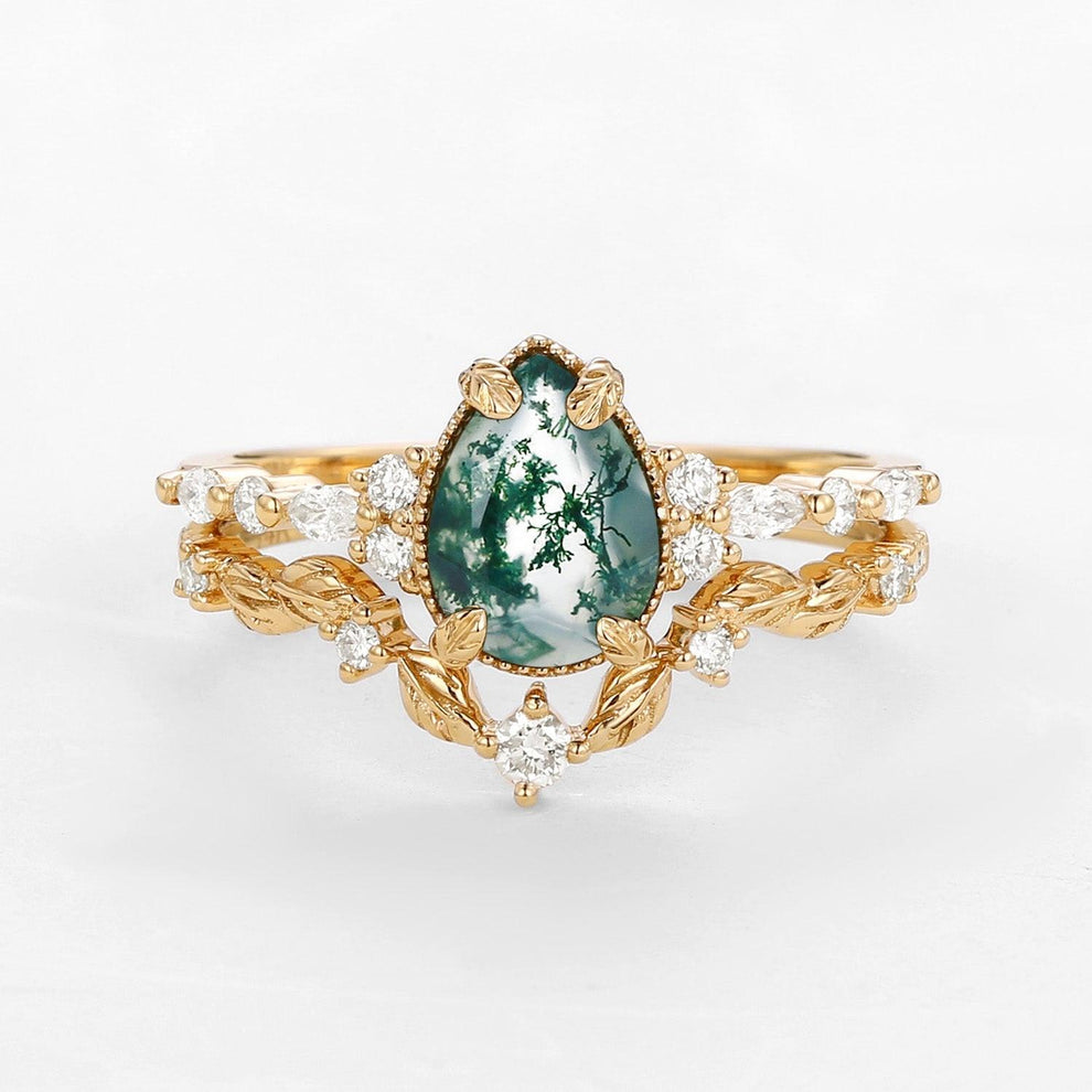 Hazel’s Grove | Vintage Pear Cut Moss Agate Leafy Ring Set 2pcs.