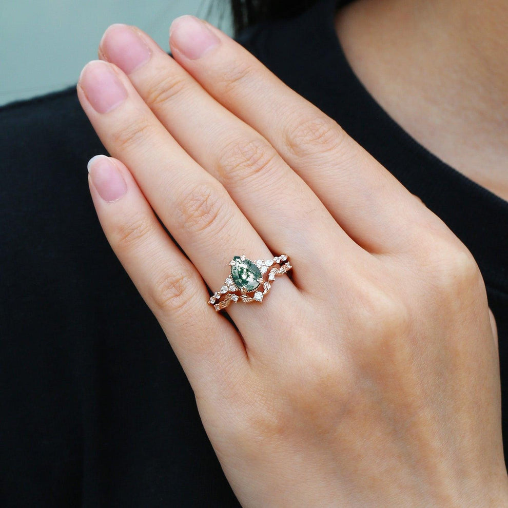 Hazel’s Grove | Vintage Pear Cut Moss Agate Leafy Ring Set 2pcs.