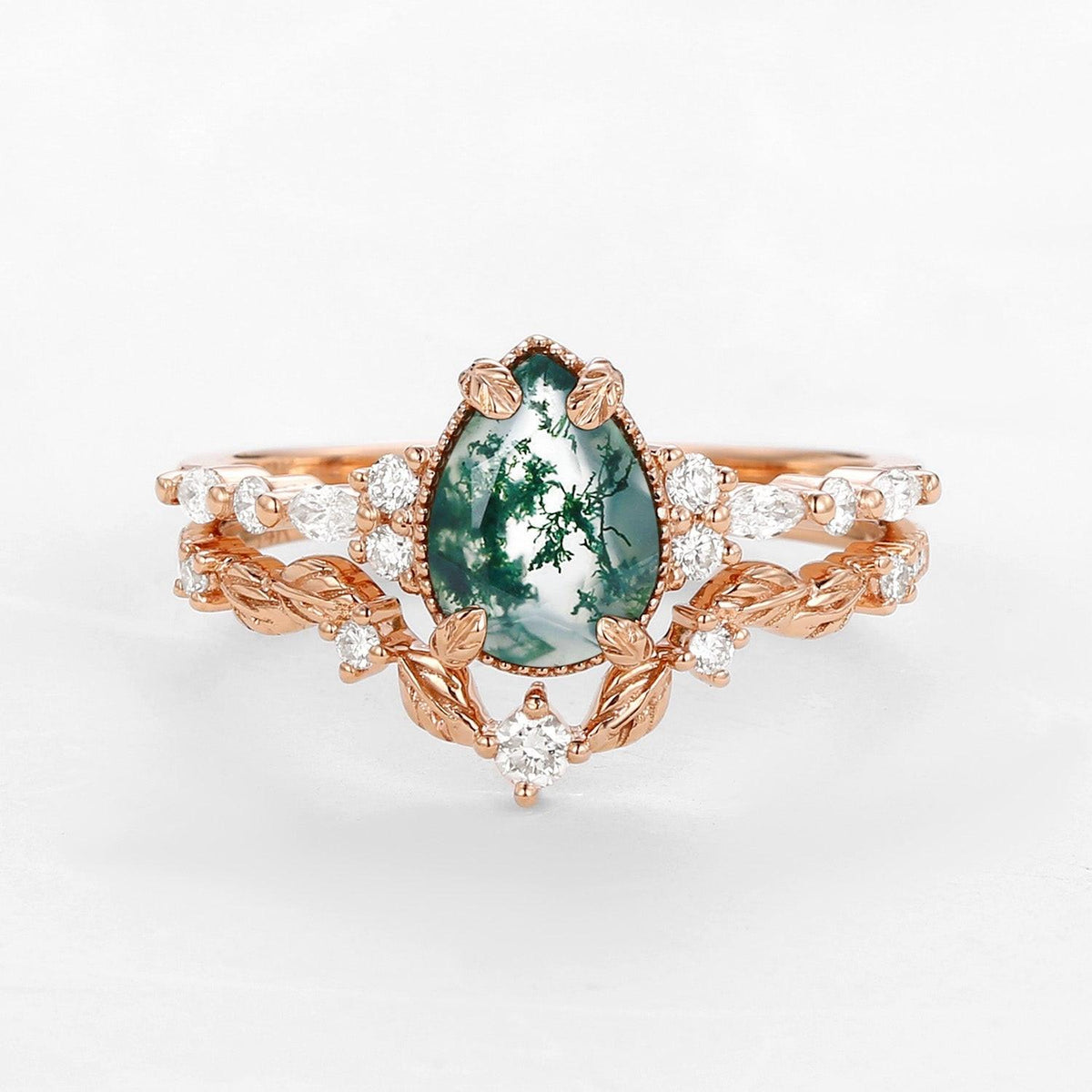 Hazel’s Grove | Vintage Pear Cut Moss Agate Leafy Ring Set 2pcs.