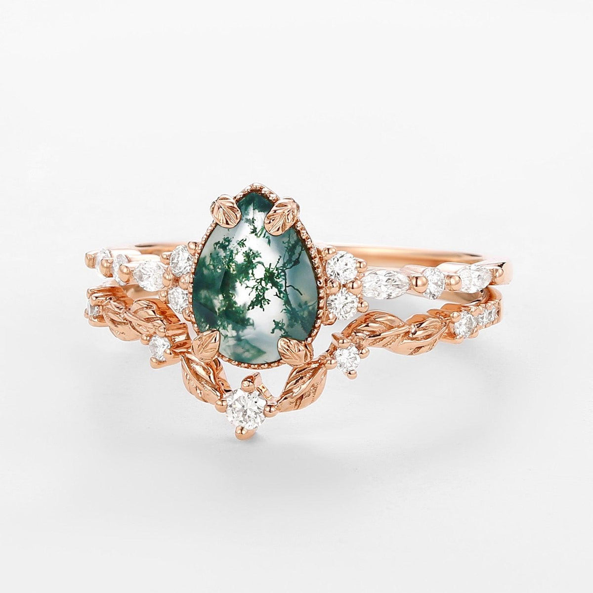 Hazel’s Grove | Vintage Pear Cut Moss Agate Leafy Ring Set 2pcs.