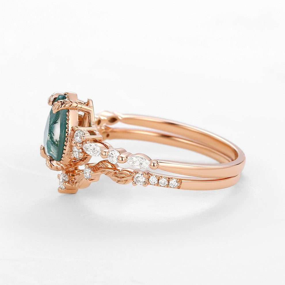 Hazel’s Grove | Vintage Pear Cut Moss Agate Leafy Ring Set 2pcs.