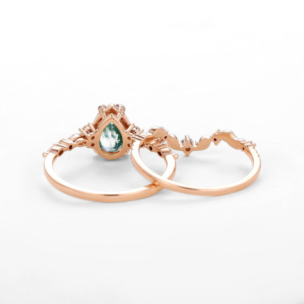 Hazel’s Grove | Vintage Pear Cut Moss Agate Leafy Ring Set 2pcs.