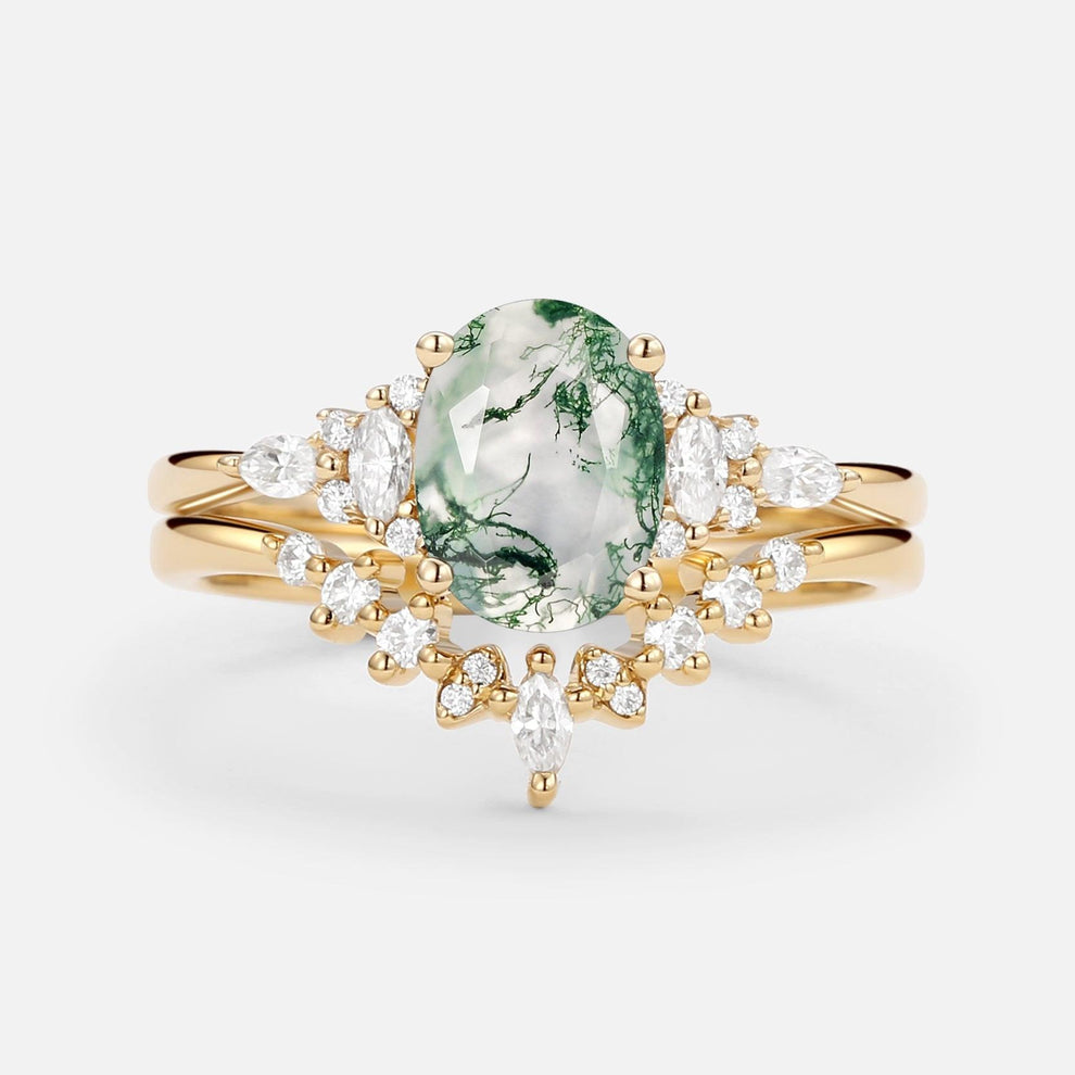 Freya Oval Cut Moss Agate Classic Cluster Gold Ring Set 2pcs.