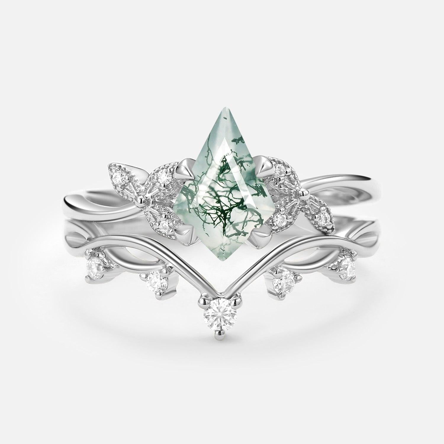 Branch & Leafy Kite Shape Moss Agate Engagement Ring Sets 2pcs.