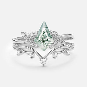 Branch & Leafy Kite Shape Moss Agate Engagement Ring Sets 2pcs.