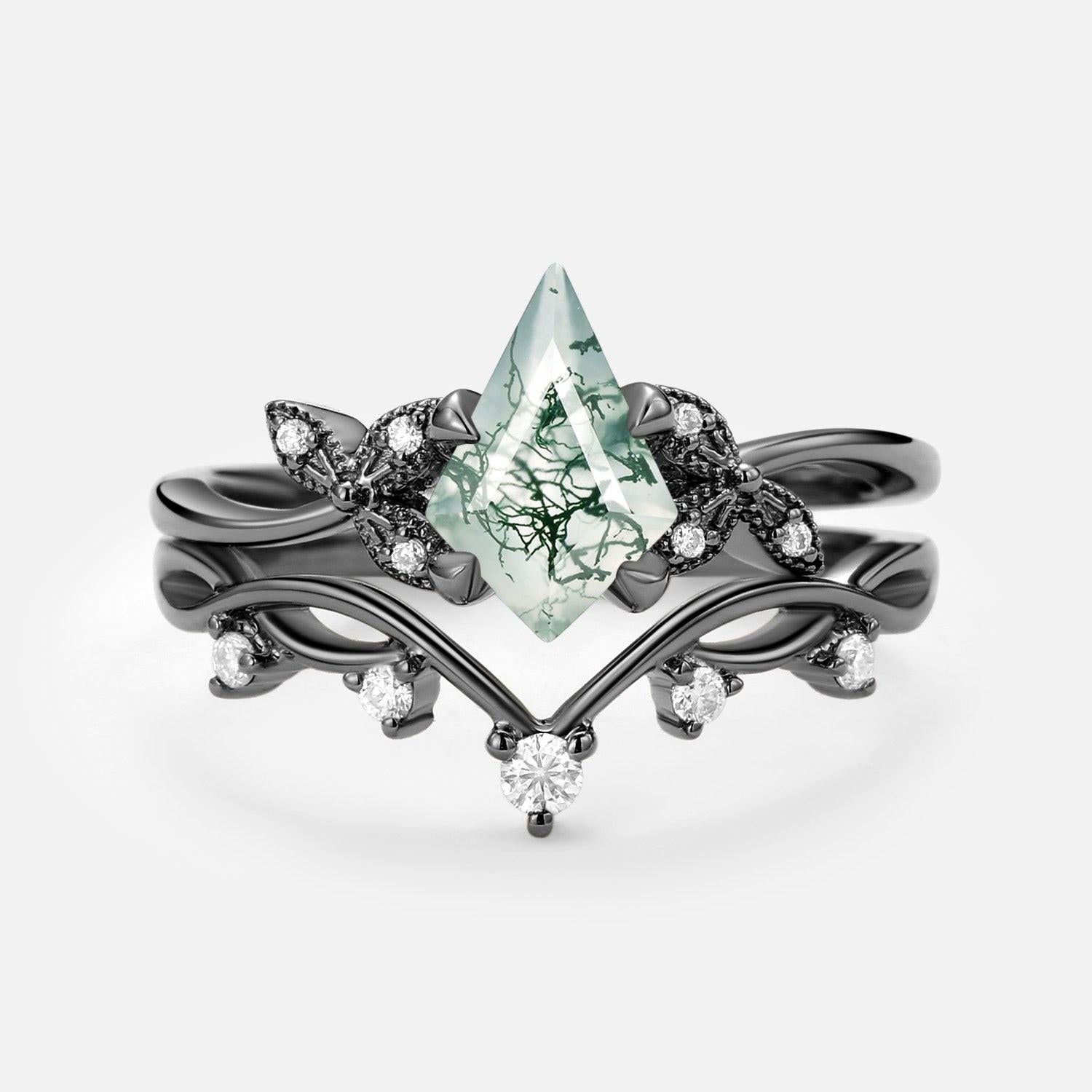 Branch & Leafy Kite Shape Moss Agate Engagement Ring Sets 2pcs.