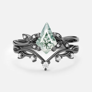 Branch & Leafy Kite Shape Moss Agate Engagement Ring Sets 2pcs.