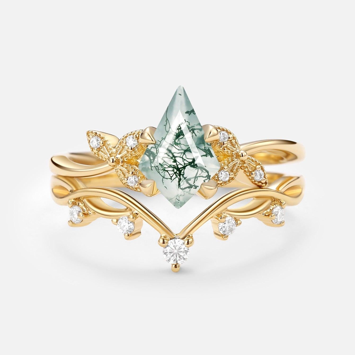 Branch & Leafy Kite Shape Moss Agate Engagement Ring Sets 2pcs.