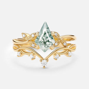 Branch & Leafy Kite Shape Moss Agate Engagement Ring Sets 2pcs.