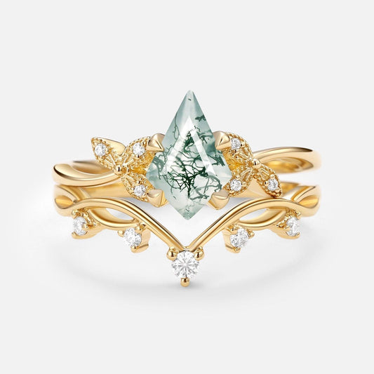 Branch & Leafy Kite Shape Moss Agate Engagement Ring Sets 2pcs.