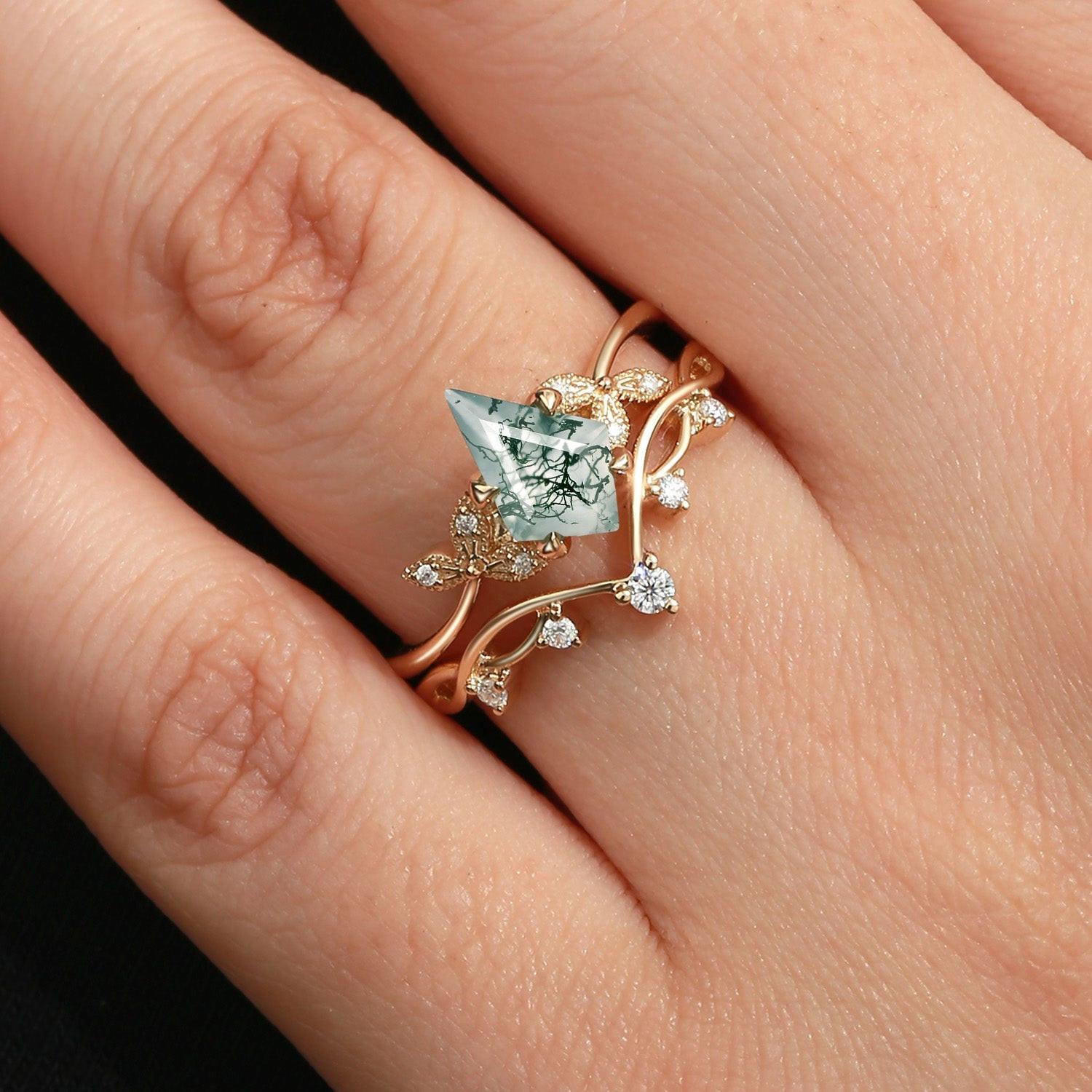 Branch & Leafy Kite Shape Moss Agate Engagement Ring Sets 2pcs.
