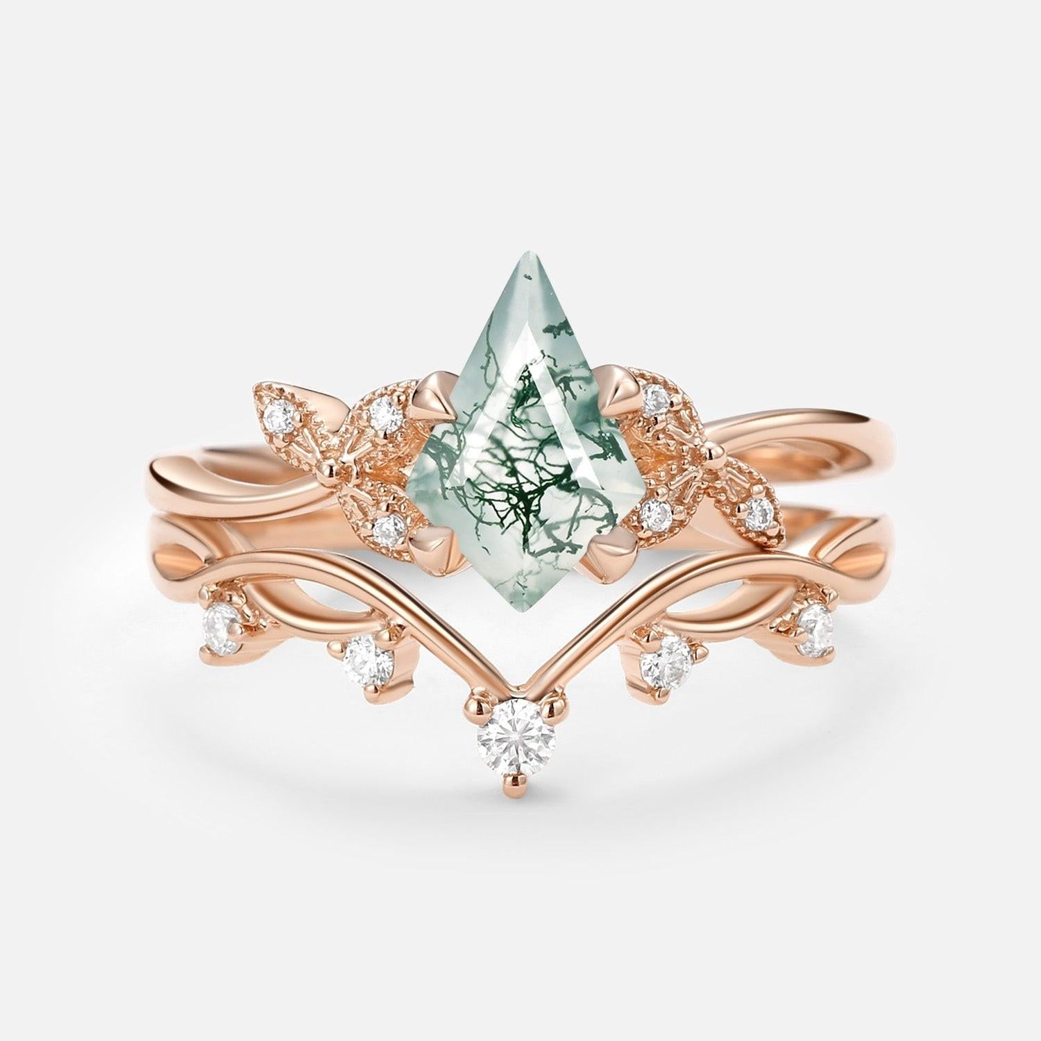 Branch & Leafy Kite Shape Moss Agate Engagement Ring Sets 2pcs.