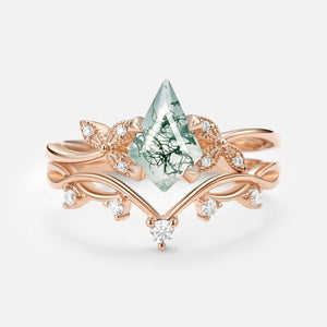 Branch & Leafy Kite Shape Moss Agate Engagement Ring Sets 2pcs.