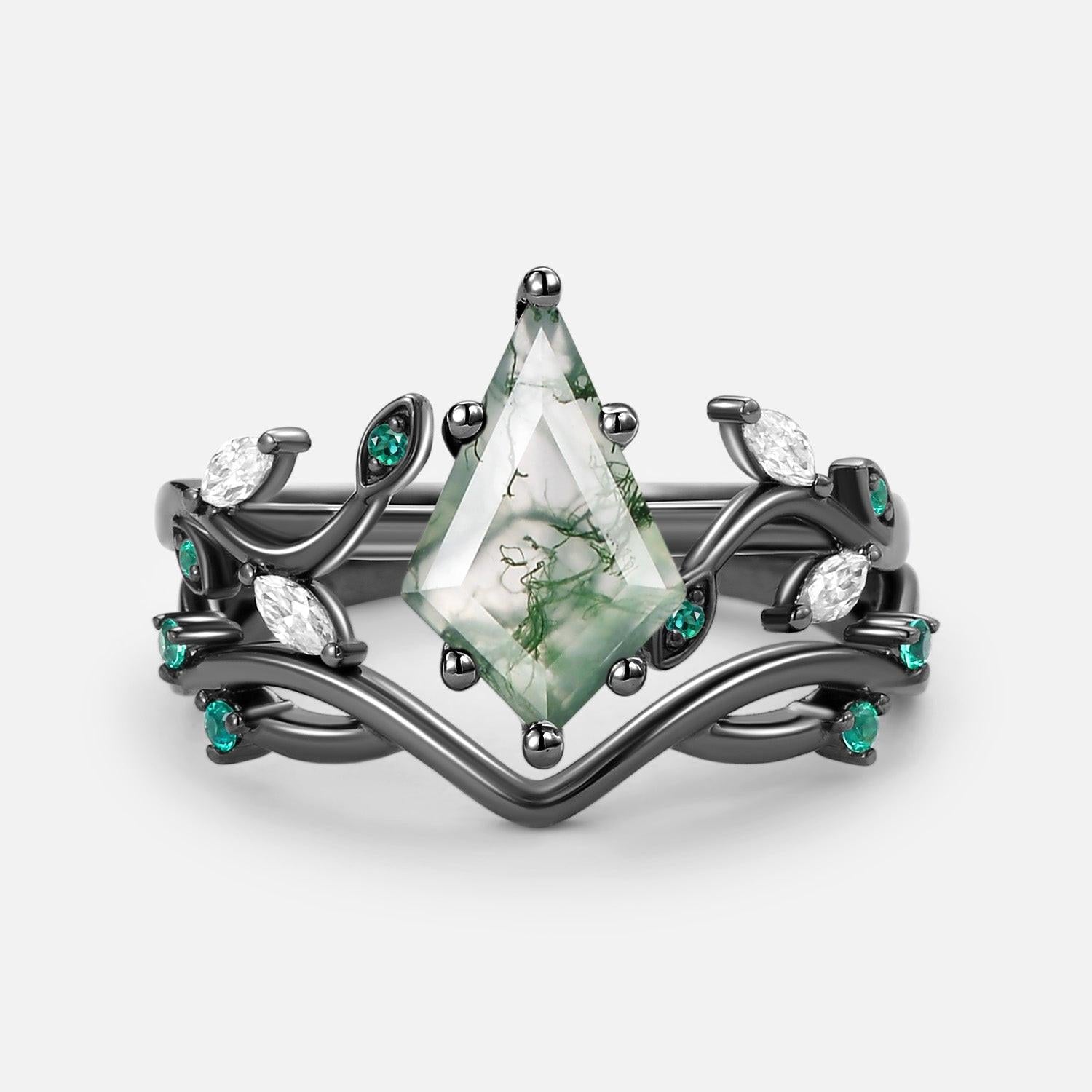 Moss Agate & Emerald Unique Engagement Ring Set 2pcs.