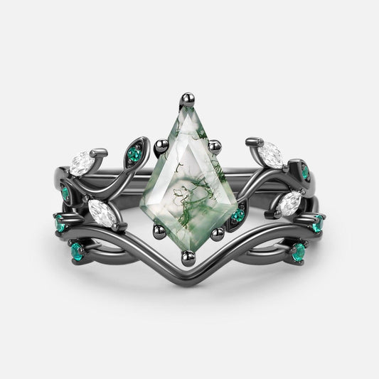 Moss Agate & Emerald Unique Engagement Ring Set 2pcs.