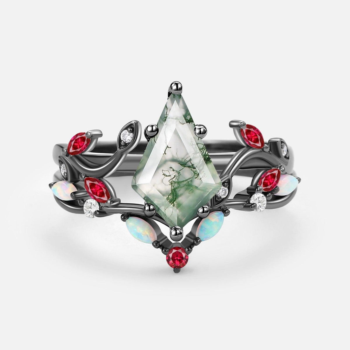 Moss Agate & Opal & Ruby Unique Engagement Ring Set 2pcs.