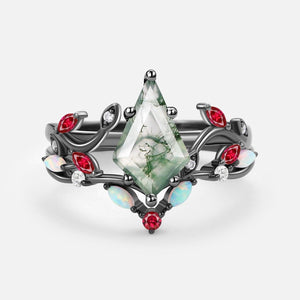 Moss Agate & Opal & Ruby Unique Engagement Ring Set 2pcs.