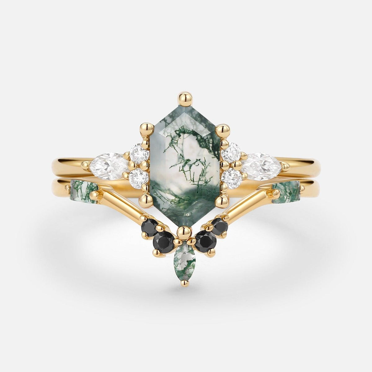 Unique Hexagon Moss Agate & Black Onyx Ring Set 2pcs.