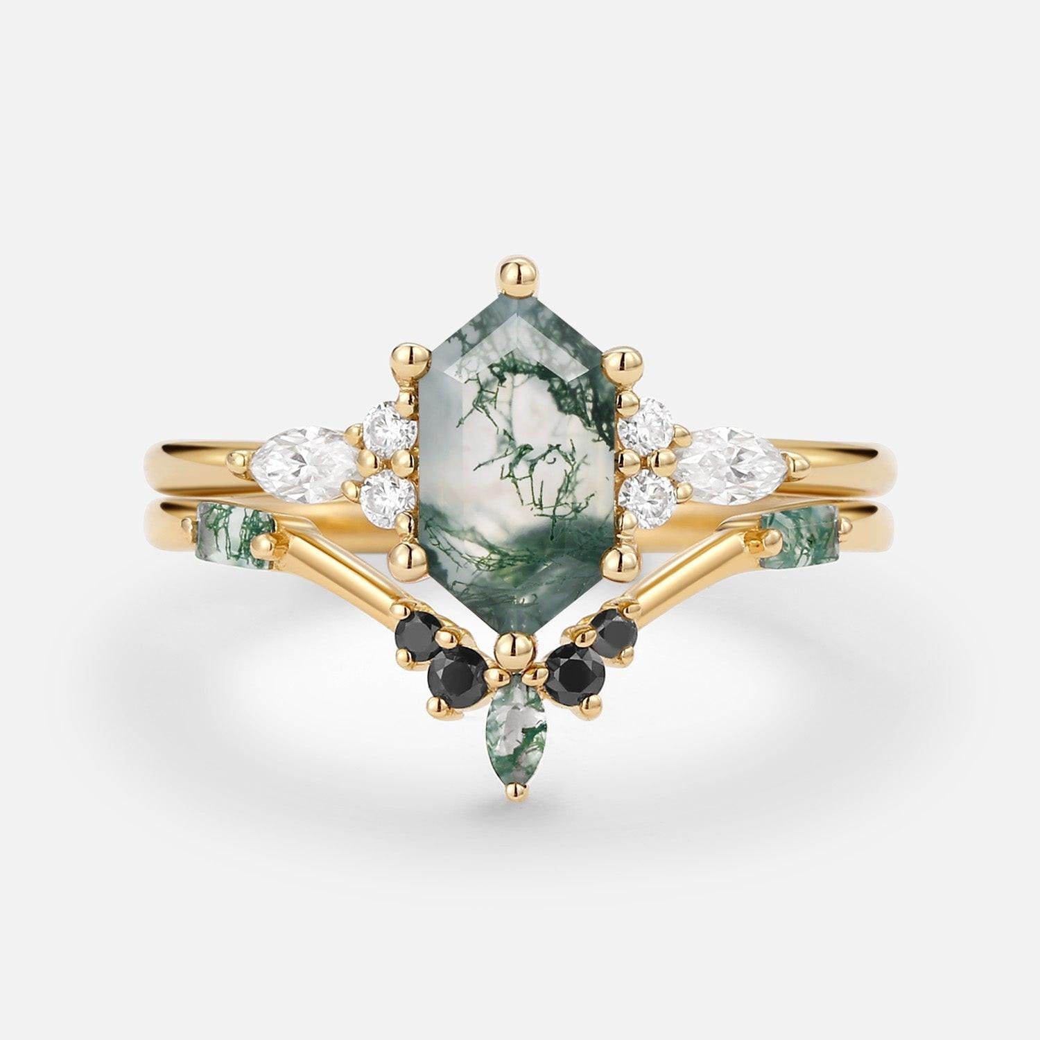 Unique Hexagon Moss Agate & Black Onyx Ring Set 2pcs.