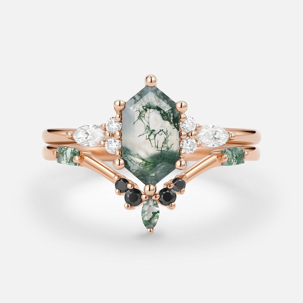 Unique Hexagon Moss Agate & Black Onyx Ring Set 2pcs.