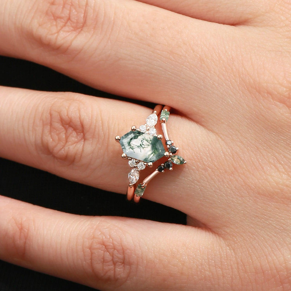 Unique Hexagon Moss Agate & Black Onyx Ring Set 2pcs.