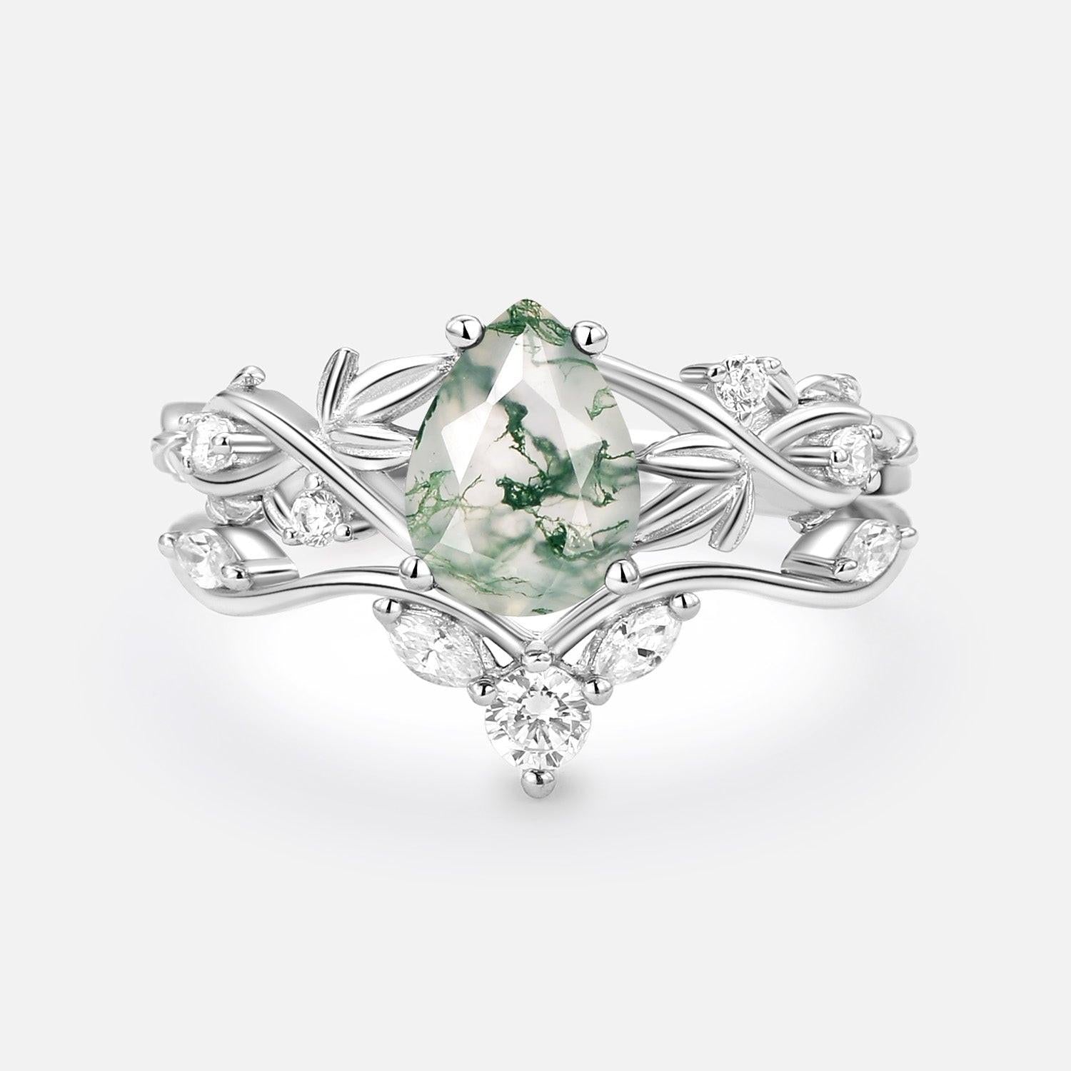 Pear Shaped Moss Agate Three Leaves Bridal Ring Set 2pcs.