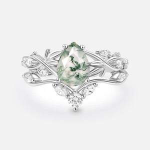 Pear Shaped Moss Agate Three Leaves Bridal Ring Set 2pcs.