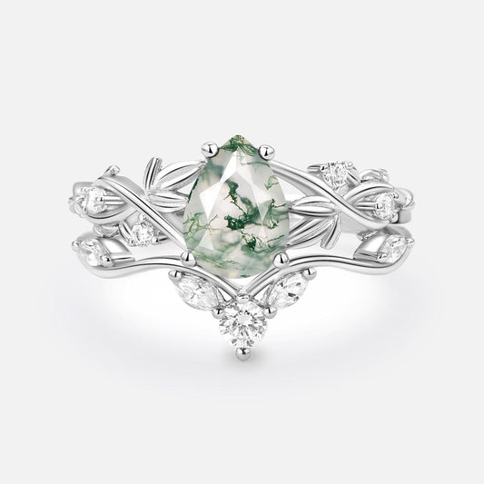 Pear Shaped Moss Agate Three Leaves Bridal Ring Set 2pcs.