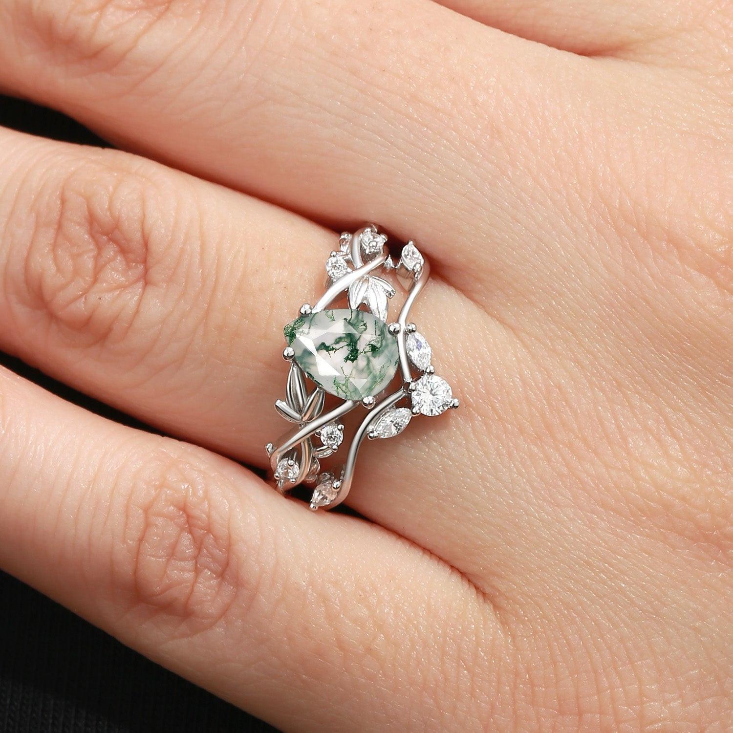 Pear Shaped Moss Agate Three Leaves Bridal Ring Set 2pcs.
