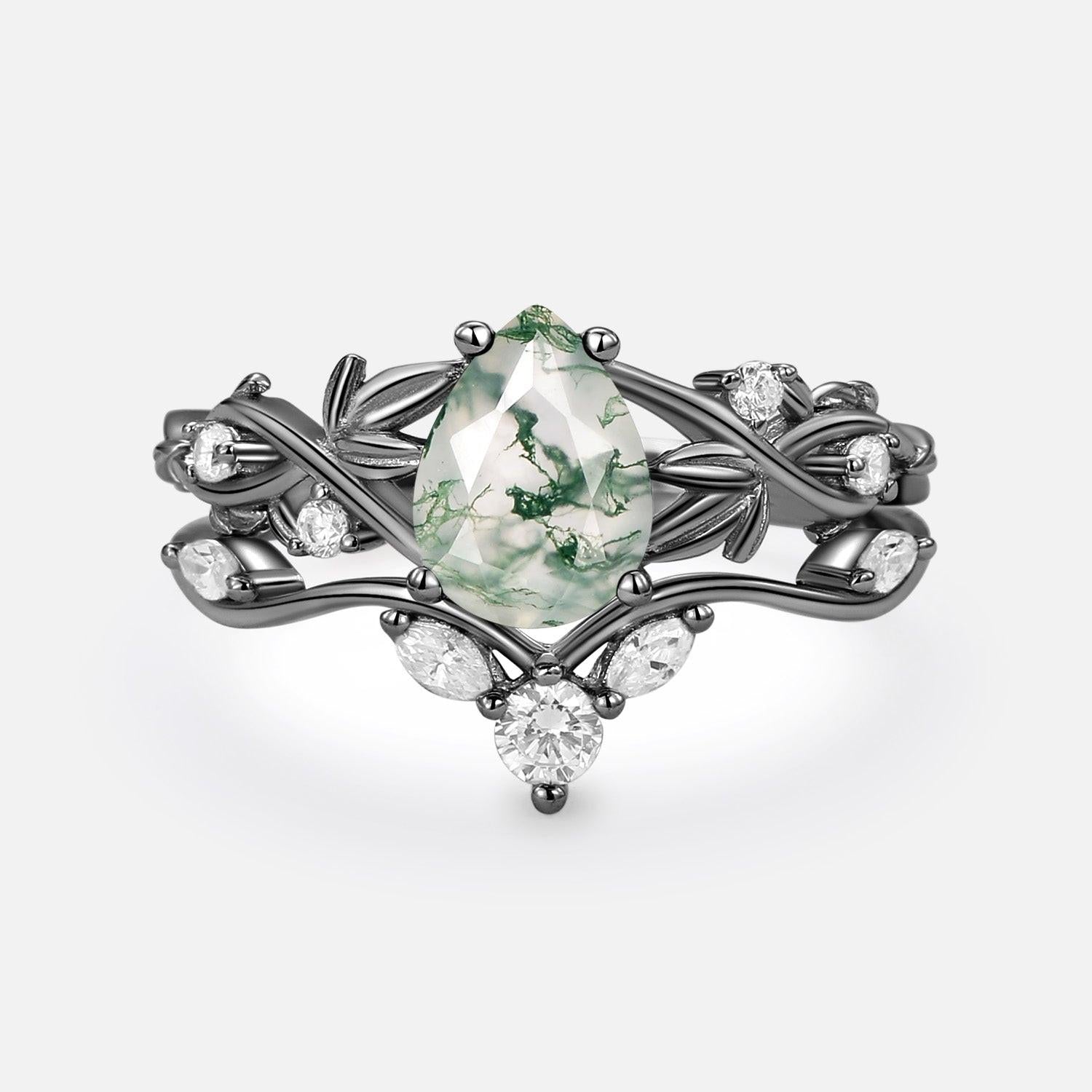 Pear Shaped Moss Agate Three Leaves Bridal Ring Set 2pcs.