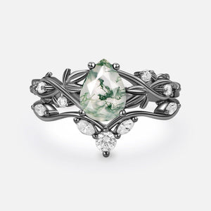 Pear Shaped Moss Agate Three Leaves Bridal Ring Set 2pcs.