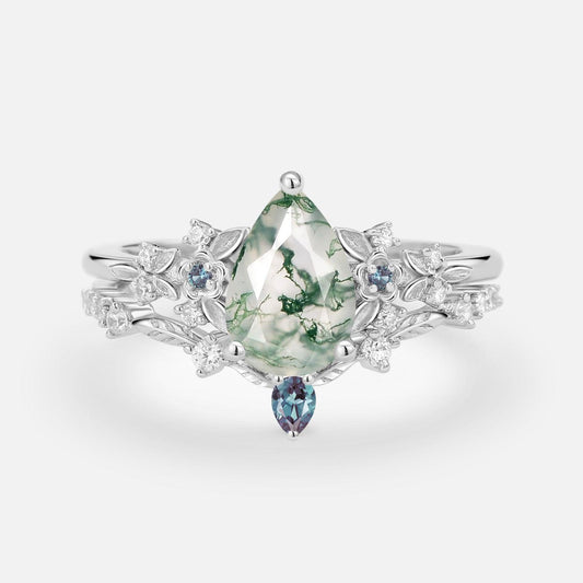 Pear Shaped Moss Agate Flower Bridal Ring Set 2pcs.