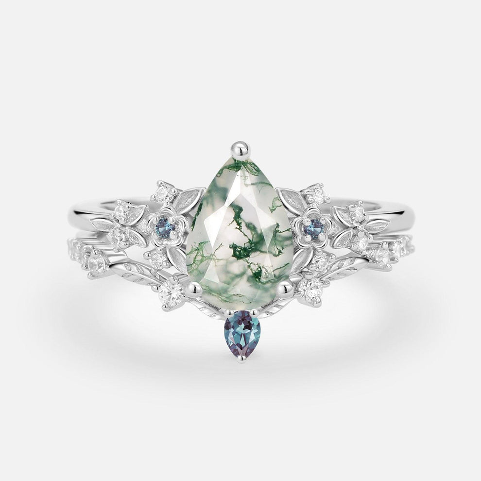 Pear Shaped Moss Agate Flower Bridal Ring Set 2pcs.